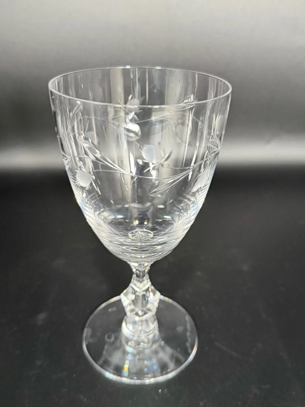 Vintage Etched Crystal Water Goblets  Faceted Stem Set of 5